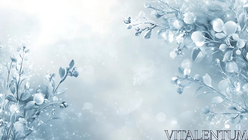 Frost-covered flowering branches with crystalline ice formations and bokeh light particles on pale b