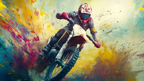 Digital motocross racer smashing through color explosion.