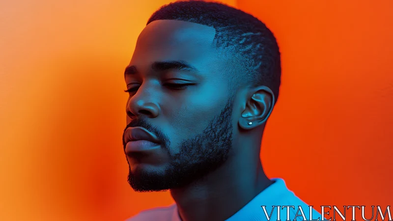 Portrait subject in cyan light against vivid orange wall.