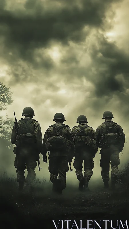 Four weary soldiers carve silhouettes into a stormy horizon