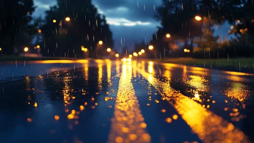 Wet asphalt road with streetlights during evening rain.