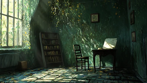 Sunlit overgrown study with decayed piano desk and chair.