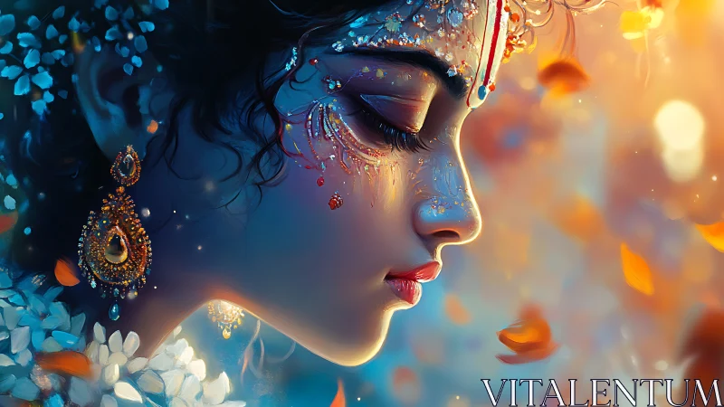 Divine profile portrait glows with jeweled serenity, petals swirl