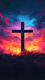 Lone wooden cross under radiant neon dusk skyscape.