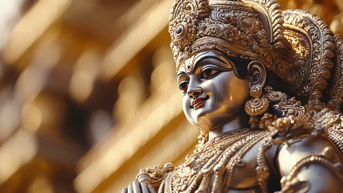 Highly detailed metallic deity statue under warm directional light