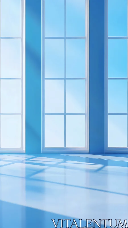 Bright blue interior with tall sunlit window panels.