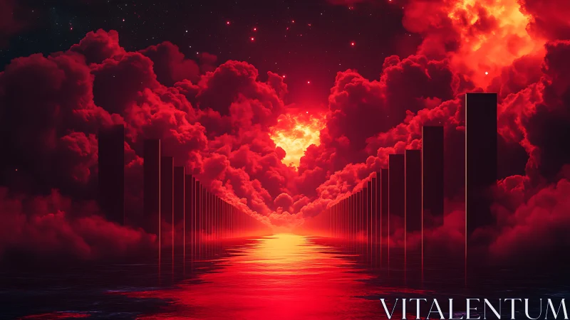 Crimson monolith corridor leads toward blazing celestial horizon