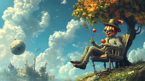 Whimsical pumpkin scarecrow under autumn tree in fantasy sky.