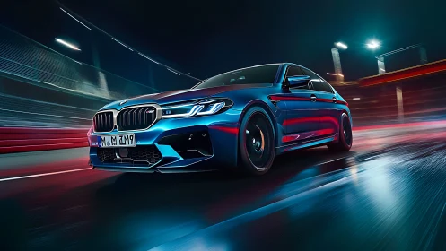 Performance sedan races through neon-lit wet city circuit.