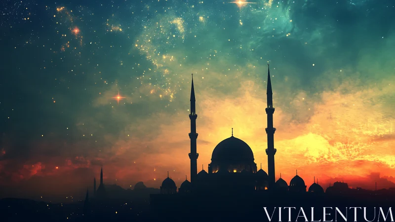 Starlit mosque silhouette beneath radiant cosmic dusk sky.