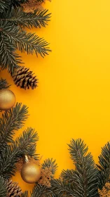 Golden holiday pine branches on bright sunny backdrop.