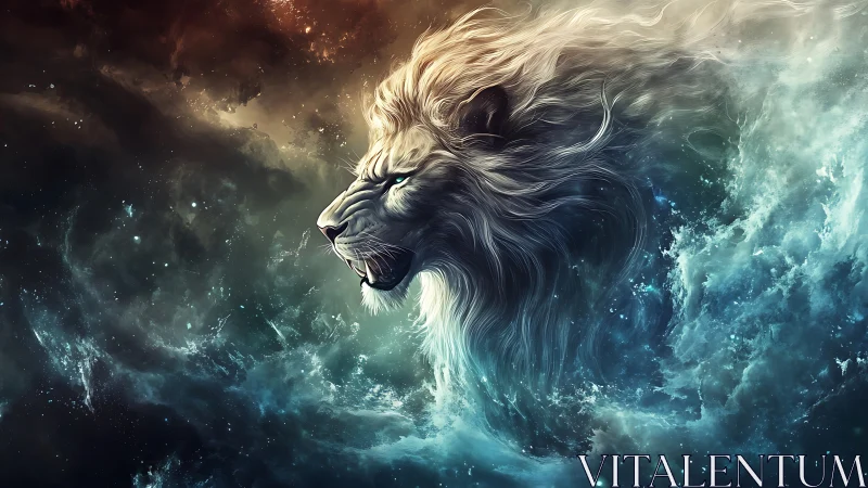 Cosmic lion spirit rising through swirling starlit clouds.