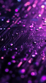 Circuit board surface shows glowing purple traces and droplets
