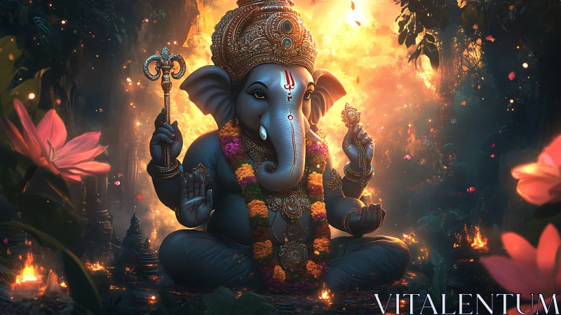 Ornate Ganesha idol rendered in high-detail digital lighting composition