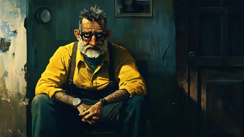 Weathered mechanic in yellow shirt under moody studio light.