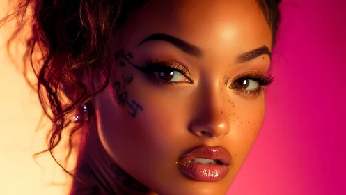 Neon-lit beauty portrait with tattoos and glossy skin finish.