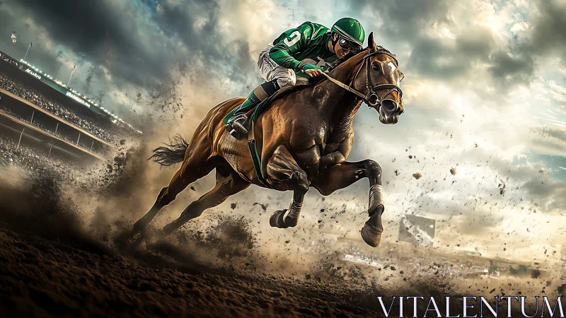 Thunder-hoofed racehorse storms through a storm of flying dirt.