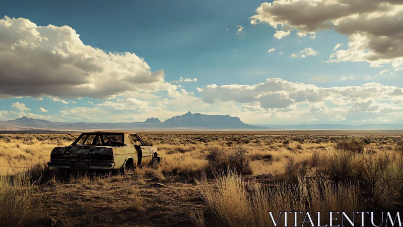 Abandoned sedan decays in sunlit desert grassland panorama
