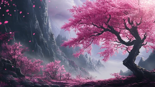 Digital landscape depicts pink blossom trees beside cliffs