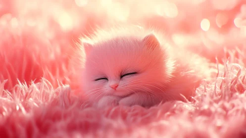 Pink Kitten Nestled in Soft Fur Dreamscape.