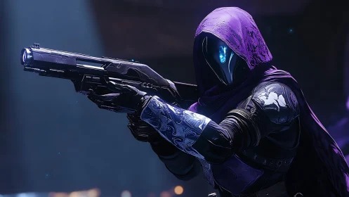 Void-cloaked space marksman aiming starlit pulse rifle.