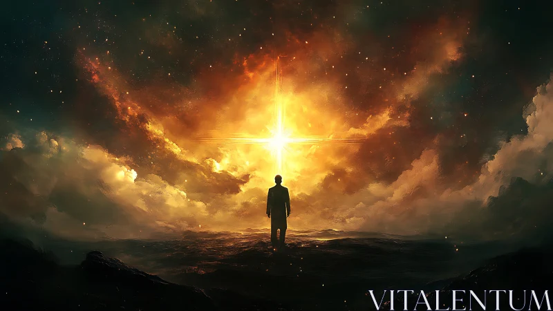 Lone figure facing radiant cosmic cross in stormy sky.