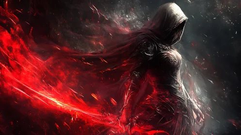 Scarlet wraith strides through embers with a burning blade drawn