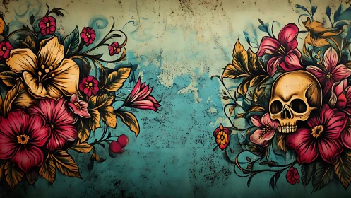 Floral whispers and a quiet skull on weathered teal dreams.