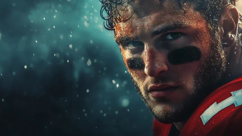 Gritty football portrait under stadium rain at night.