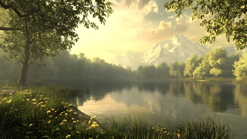 Golden hour alpine lake framed by trees in photoreal detail