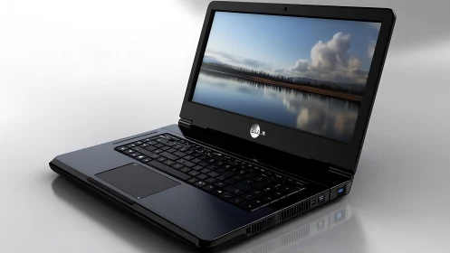Black laptop with reflective display on glossy surface.
