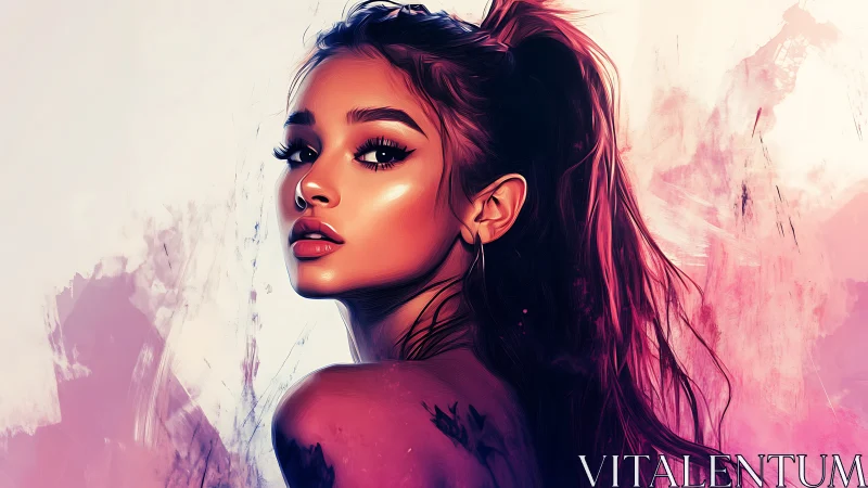 Digital portrait of young woman with pink abstract backdrop.