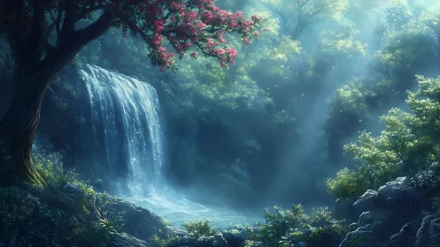 Enchanted Forest Waterfall with Pink Blossoms
