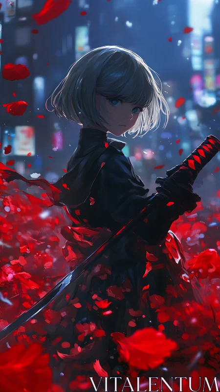Blue eyed swordswoman in red petals at night city street.