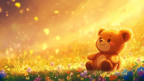 Sunlit teddy bear daydreaming in a meadow of glowing blooms.