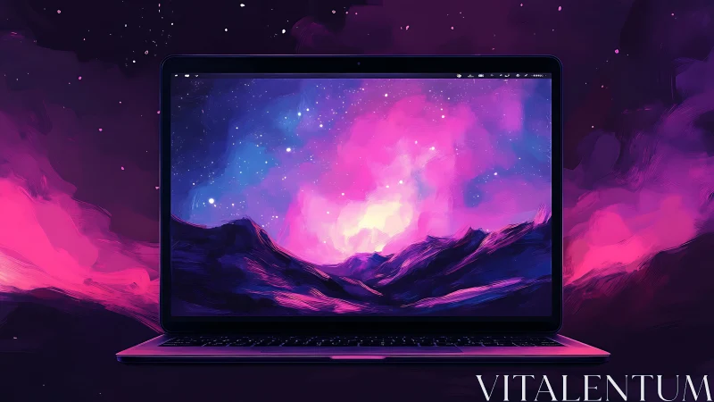 Laptop with digital cosmic mountain landscape wallpaper.