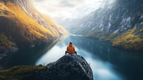 Hiker in orange jacket overlooks calm fjord between peaks