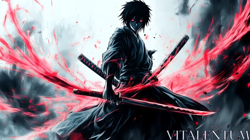 Dark anime swordsman unleashes blazing red energy storm