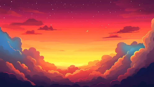 Vibrant digital sunset sky with glowing clouds and stars.