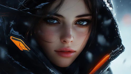 Futuristic winter portrait of woman in illuminated tech parka