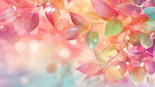 Pastel bokeh leaves glow against soft multicolor background