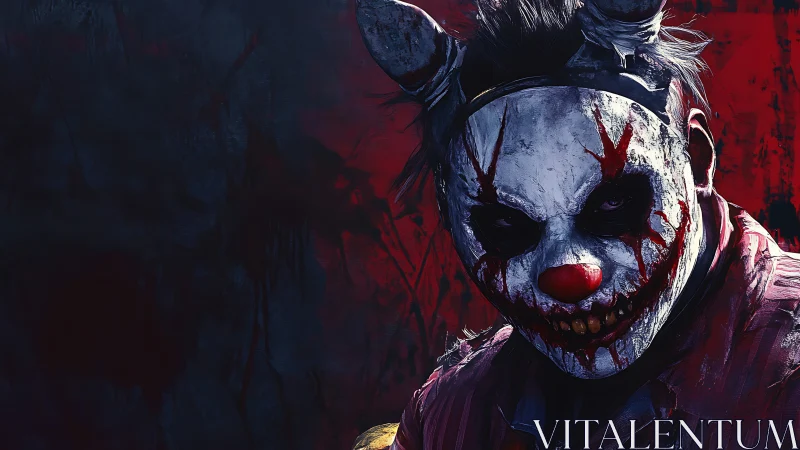 Killer clown portrait with bloody mask on dark red backdrop.