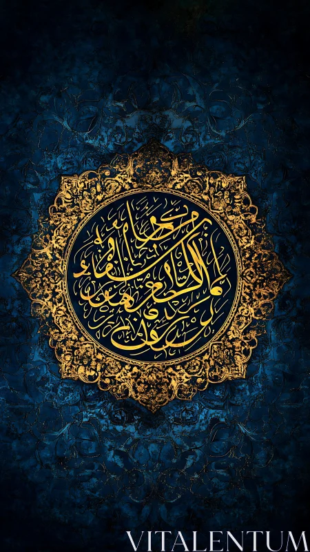 Golden Arabic calligraphy shines over deep textured blue mandala