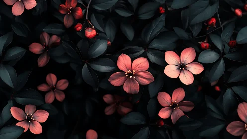 Dark Botanical Study: Five-Petal Coral Blossoms Against Deep Charcoal Foliage