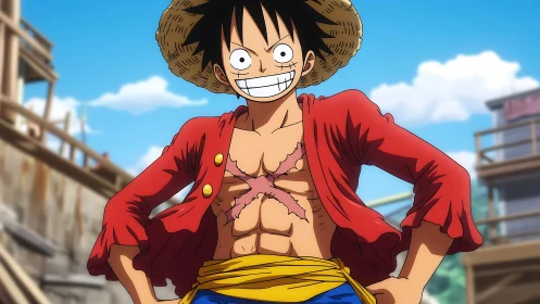 Straw hat pirate grins confidently under bright blue sky.