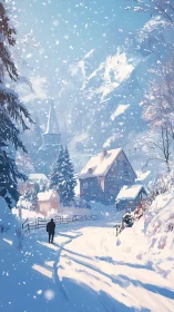 Peaceful snowy village path glowing with winter warmth.