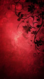 Red Grunge Floral Background with Black Ornamental Vines