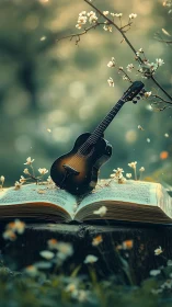 Tiny guitar rests on songbook in a dreamy forest glow.