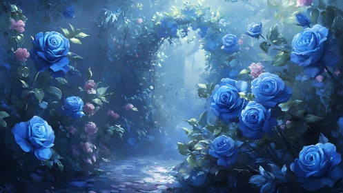 Enchanting Blue Rose Garden Path Glowing with Magical Light