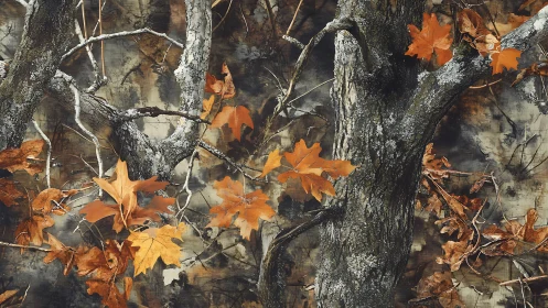 Tree trunks and orange leaves form dense autumn woodland scene